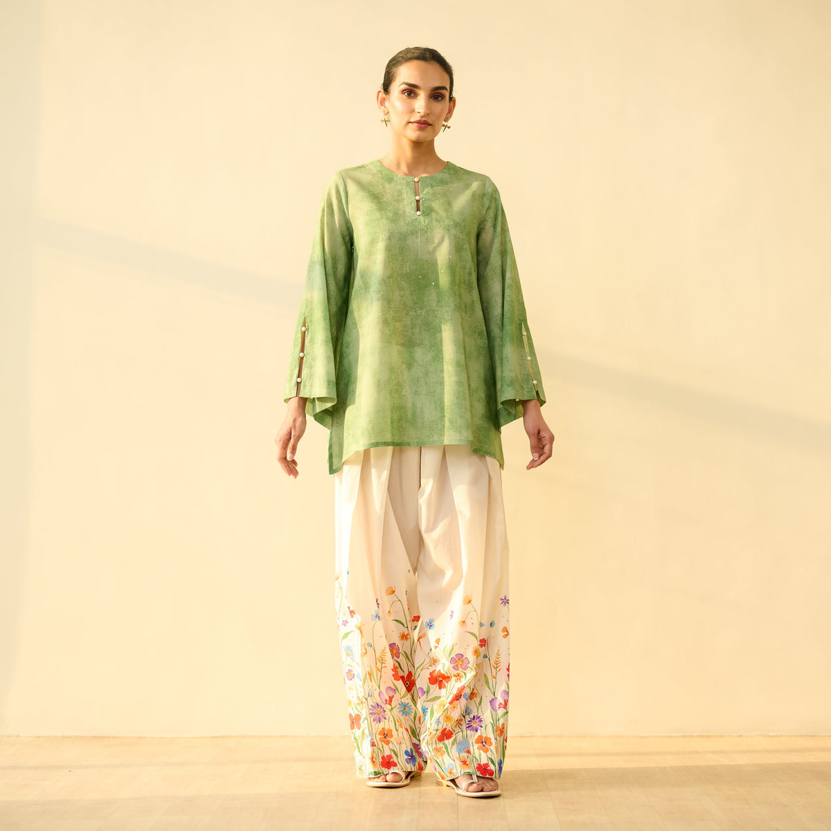 Sanditti Basant Hand Embroidered Mulmul Cotton Farshi Set - Sage Green