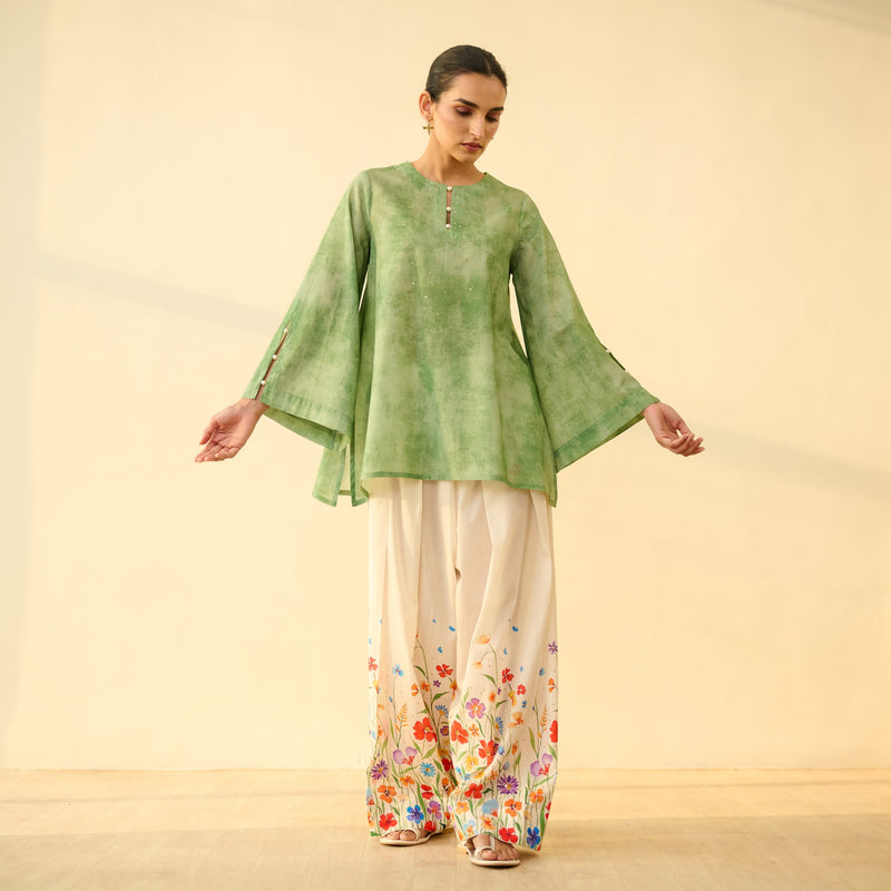 Sanditti Basant Hand Embroidered Mulmul Cotton Farshi Set - Sage Green