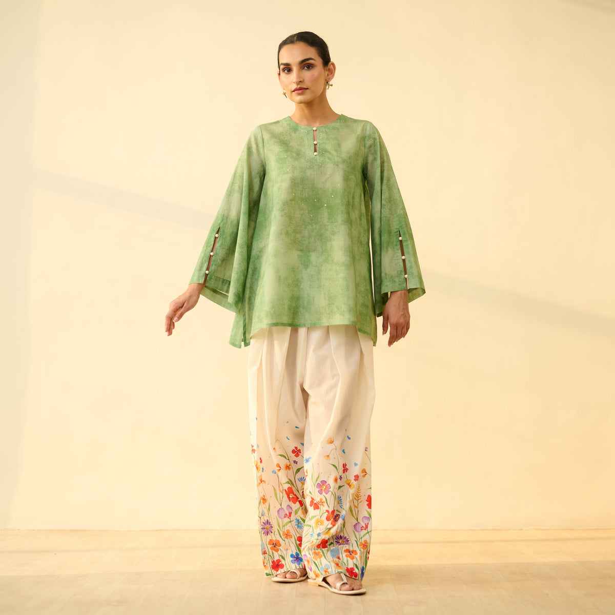 Sanditti Basant Hand Embroidered Mulmul Cotton Farshi Set - Sage Green