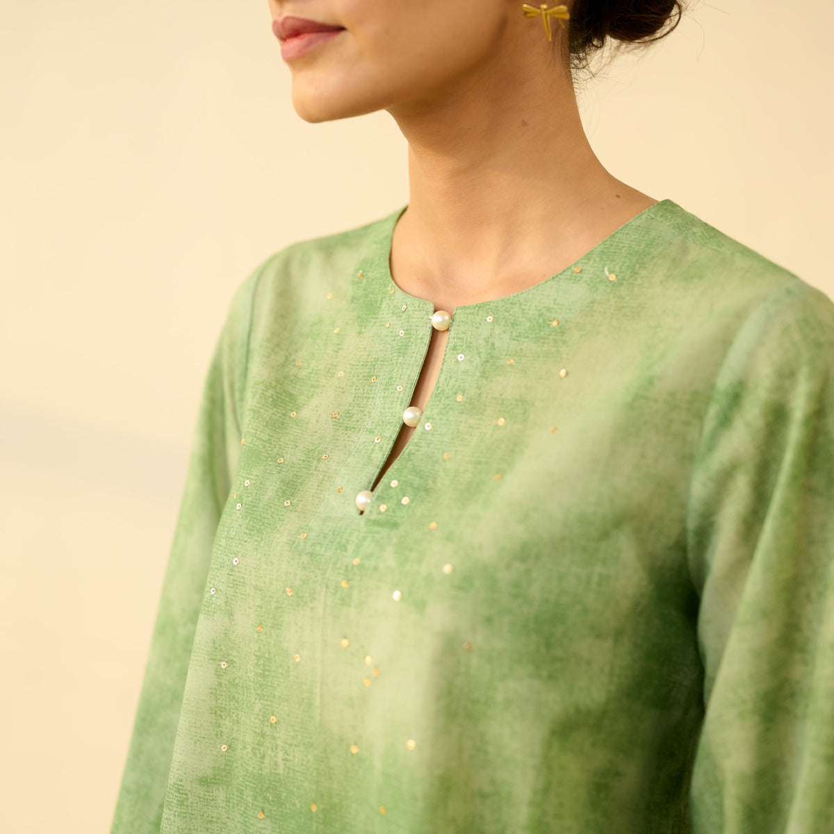 Sanditti Basant Hand Embroidered Mulmul Cotton Farshi Set - Sage Green