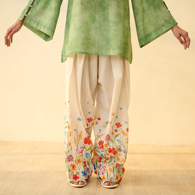Sanditti Basant Hand Embroidered Mulmul Cotton Farshi Set - Sage Green