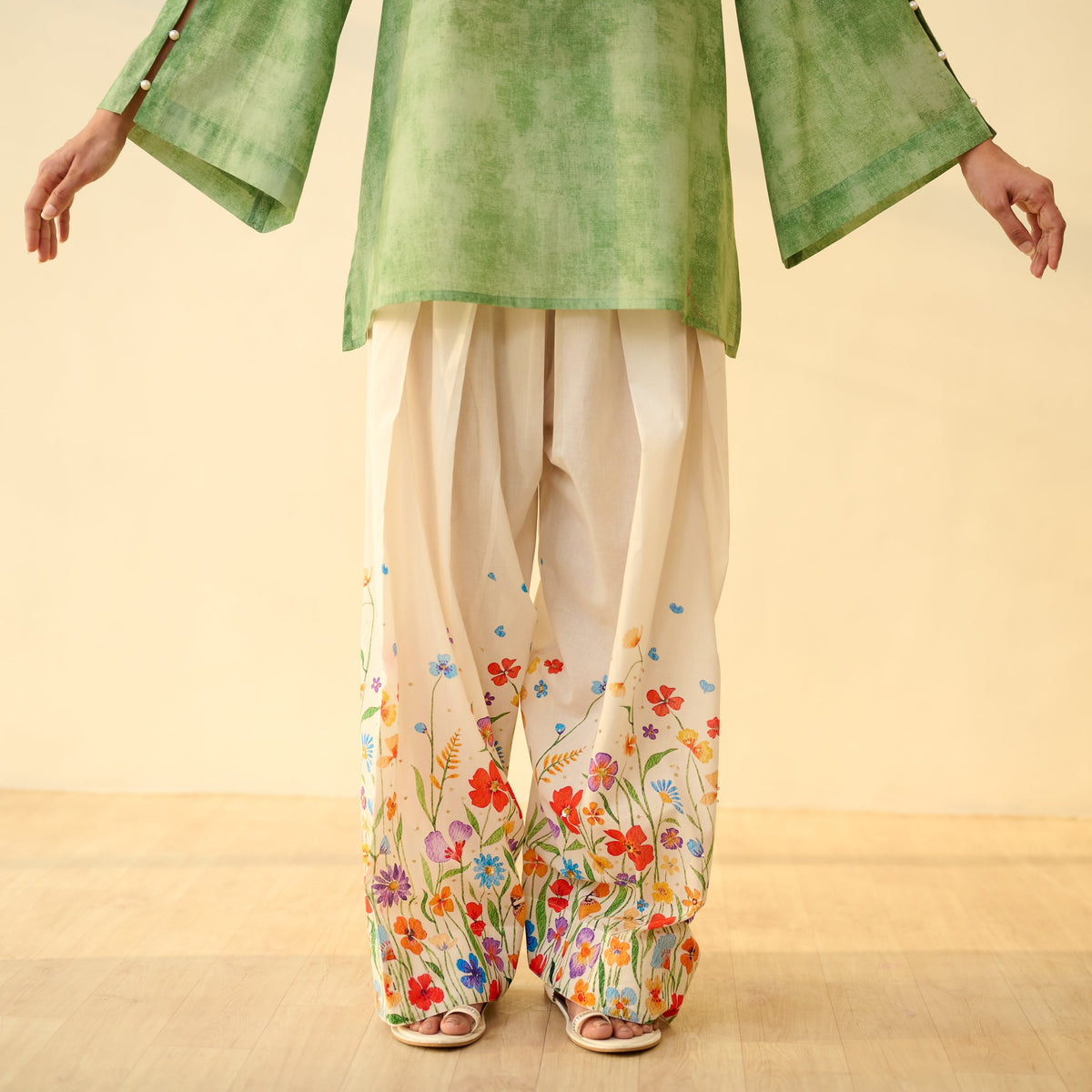 Sanditti Basant Hand Embroidered Mulmul Cotton Farshi Set - Sage Green