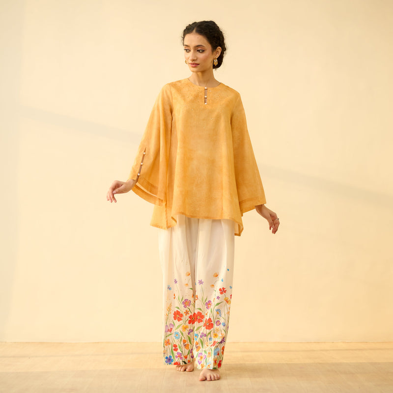 Sanditti Basant Hand Embroidered Mulmul Cotton Farshi Set - Turmeric Yellow