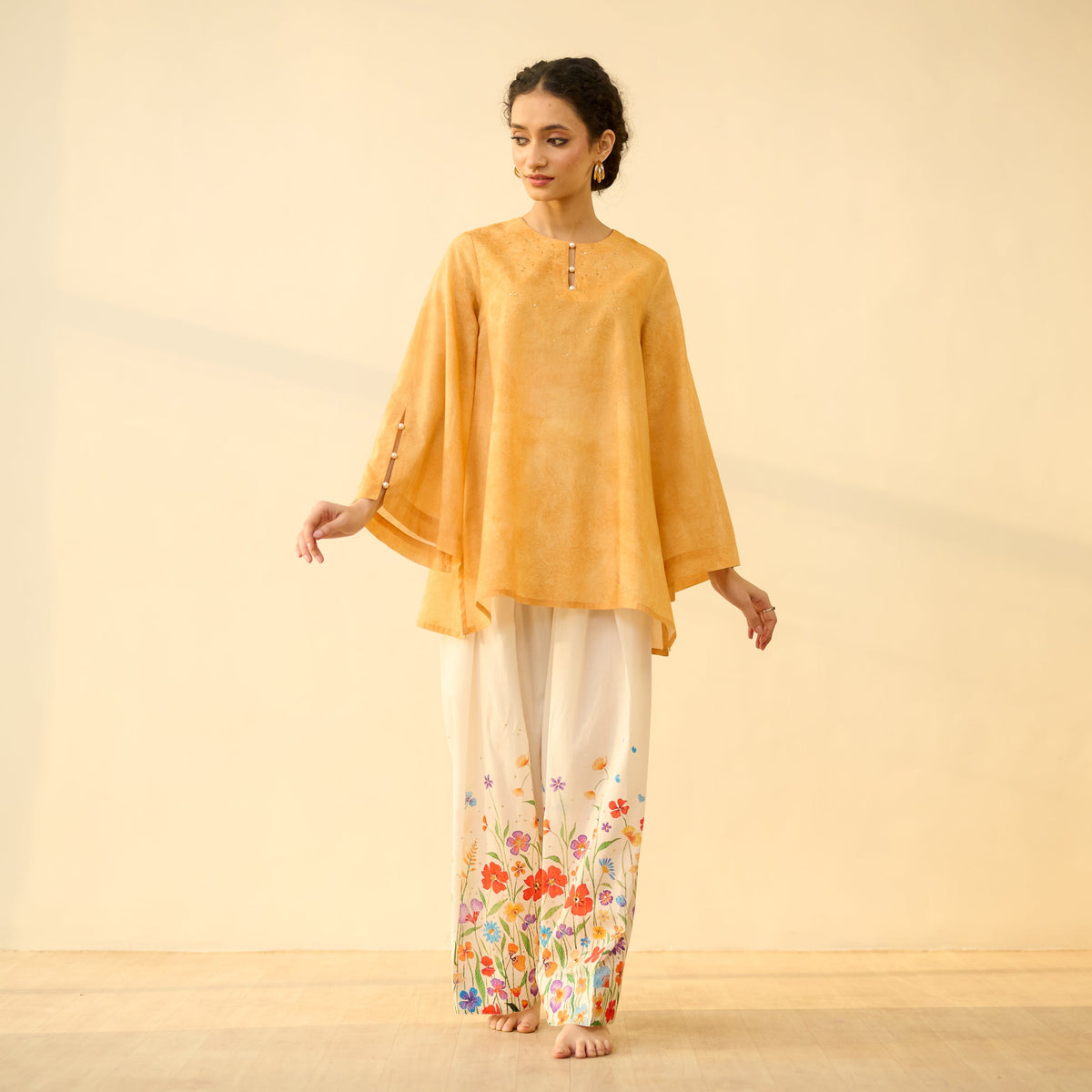 Sanditti Basant Hand Embroidered Mulmul Cotton Farshi Set - Turmeric Yellow