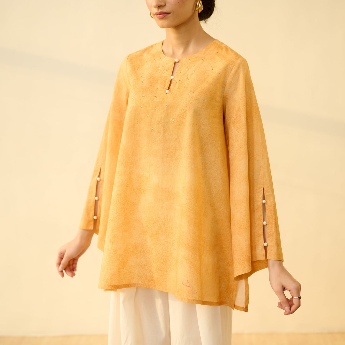 Sanditti Basant Hand Embroidered Mulmul Cotton Farshi Set - Turmeric Yellow
