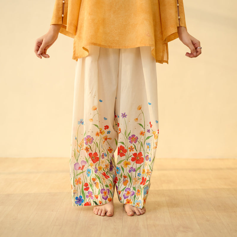 Sanditti Basant Hand Embroidered Mulmul Cotton Farshi Set - Turmeric Yellow
