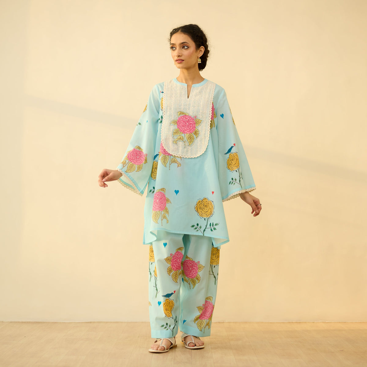 Sanditti Dilruba Semi Festive Mulmul Cotton Salwar Set - Asmani Blue