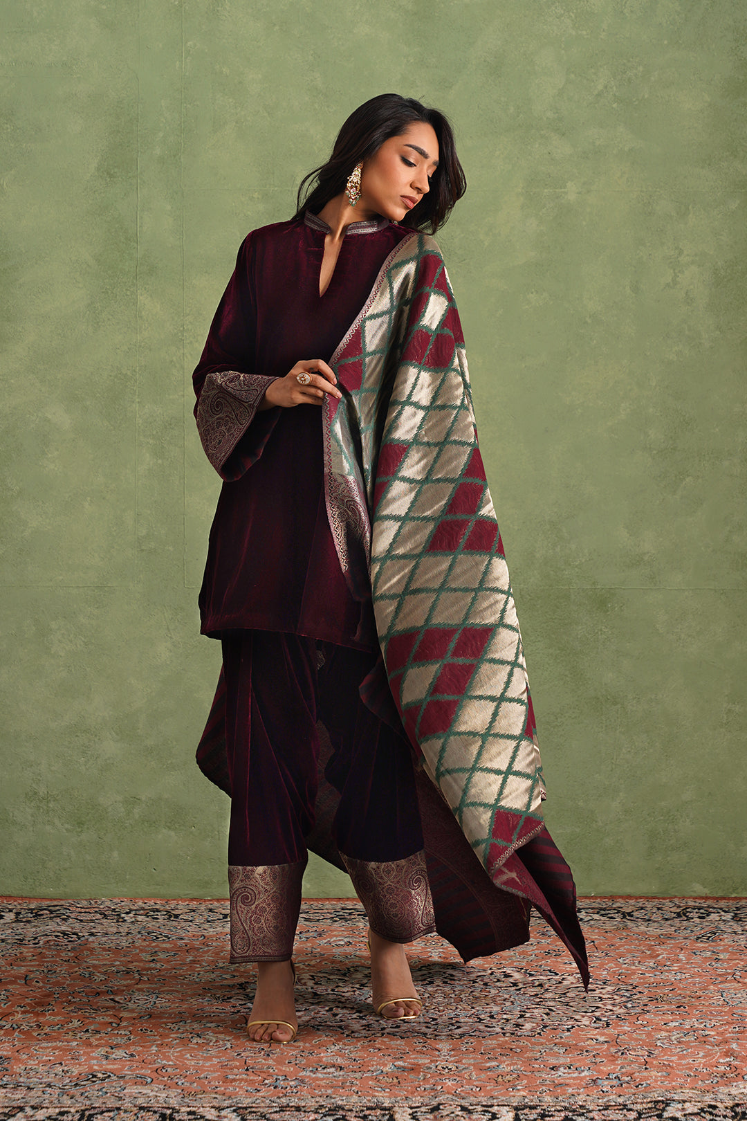 Sanditti Wine Velvet Suit with Ikkat Woven Dupatta