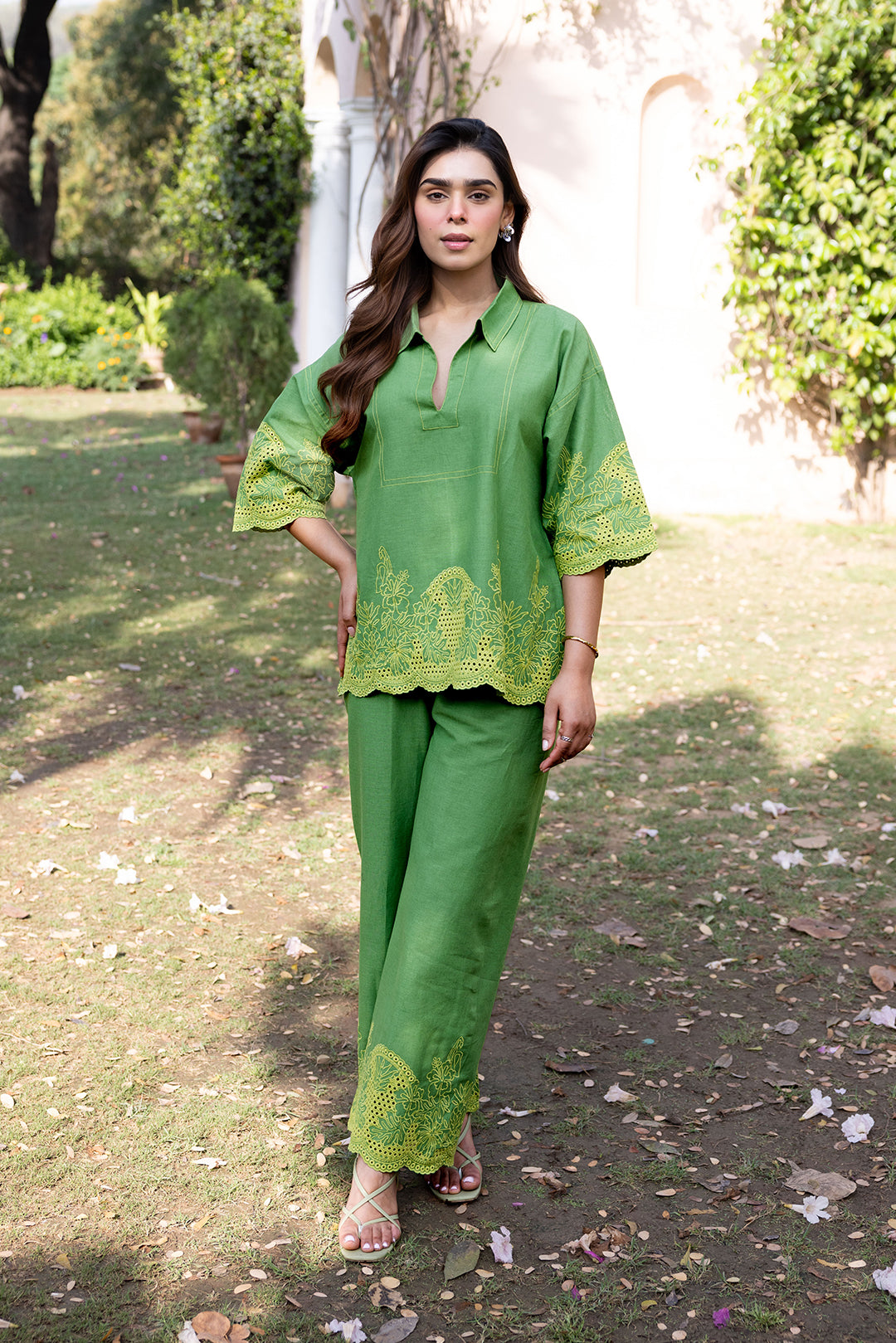 Sanditti Ziya Green Linen Cutwork Embroidered Set