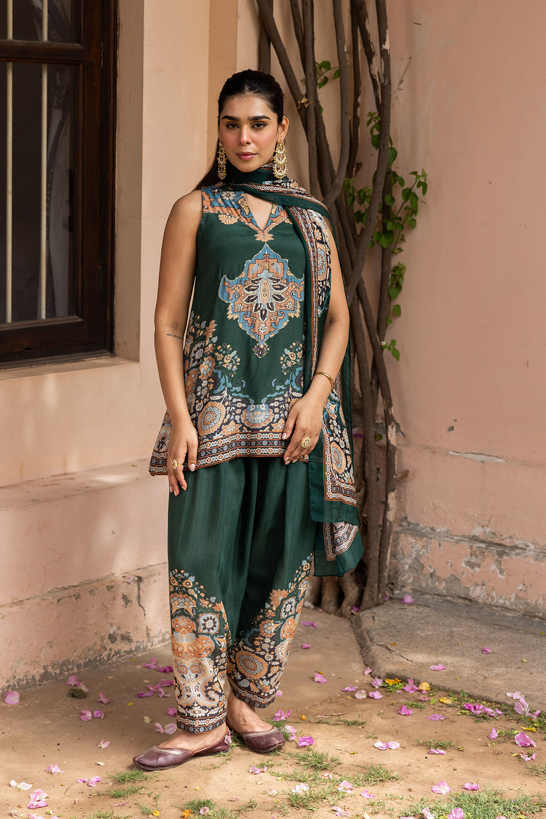 Sanditti Ziya Halter Emerald Print Hand-Embellished Set
