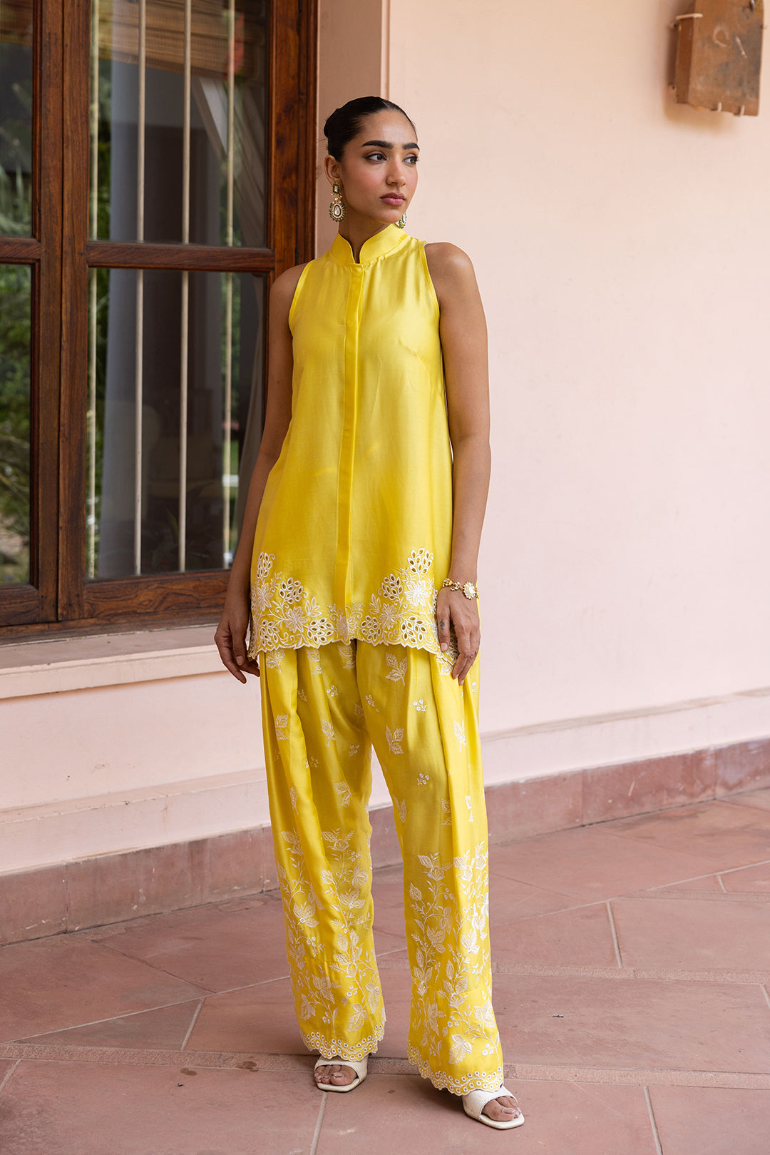 Sanditti Ziya Yellow Cutwork Embroidered Farshi Set