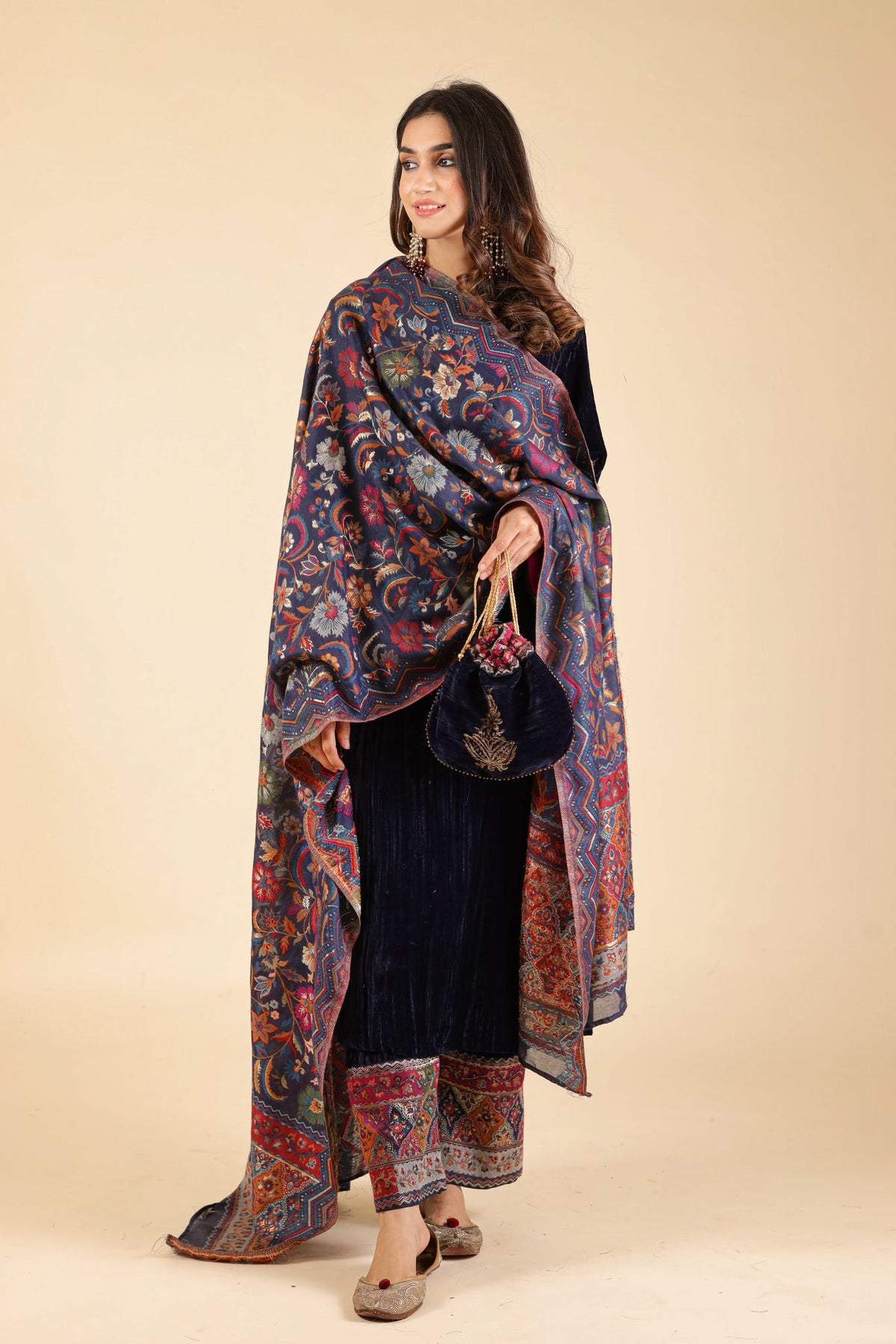 Sanditti Navy Blue Crush Suit with Woven Chanderi Dupatta