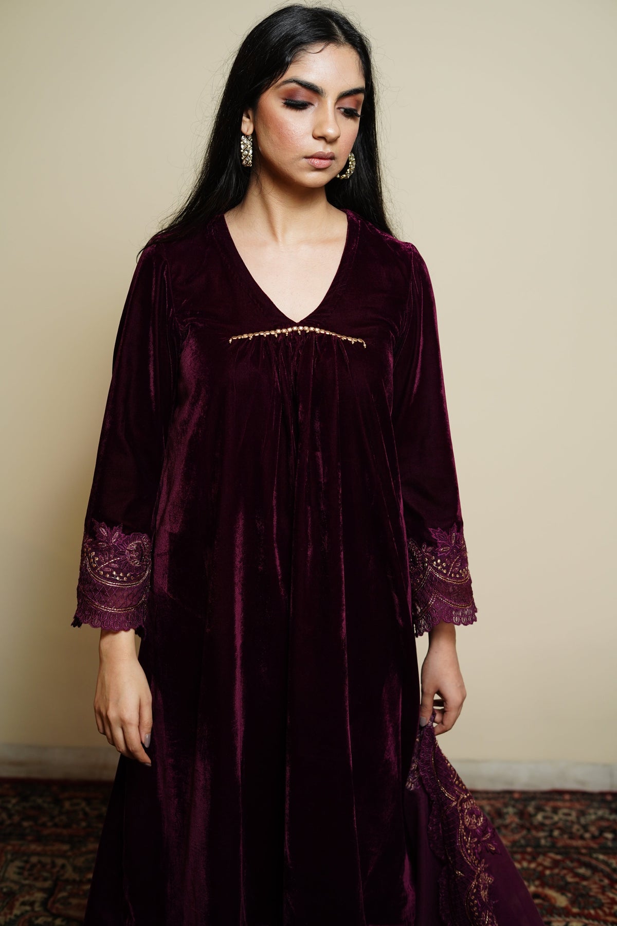 Sanditti Wine Velvet Suit with Dupatta