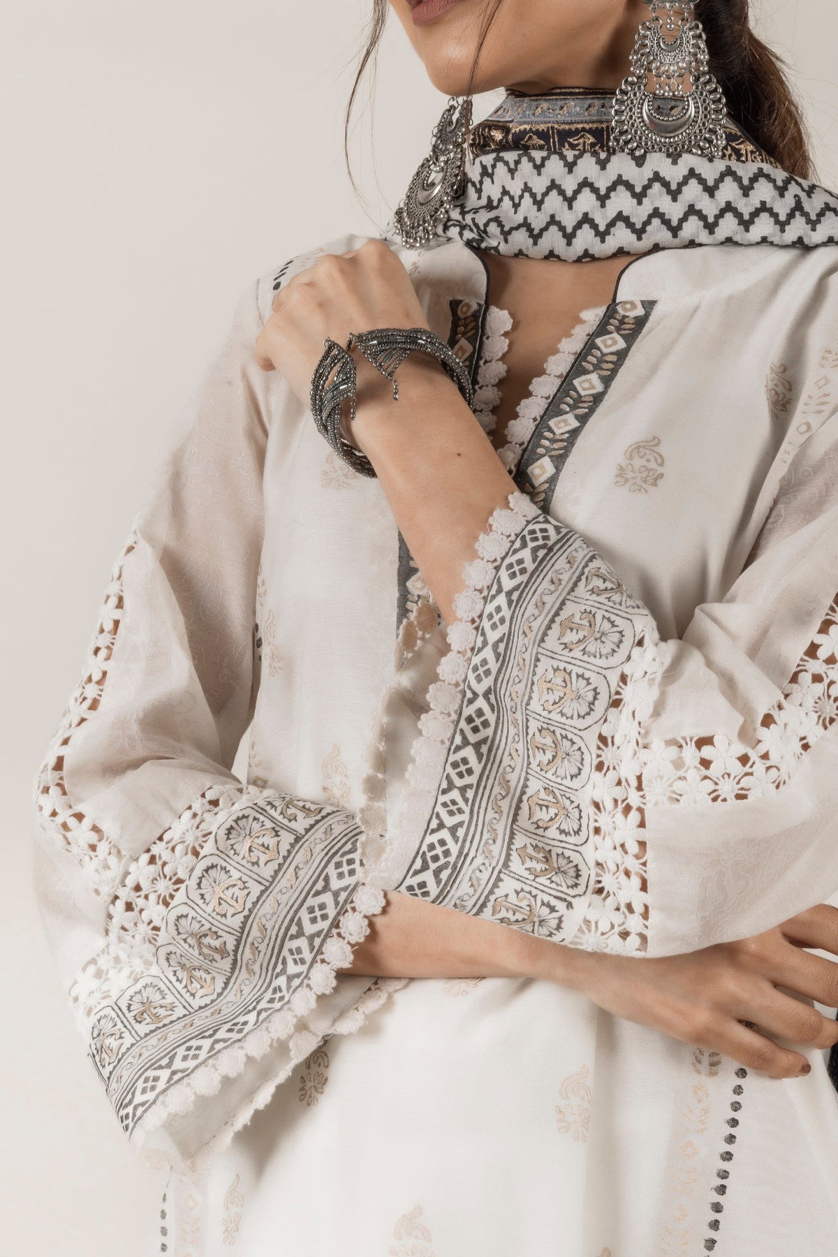 Sanditti Cream Block Printed Suit with Dupatta