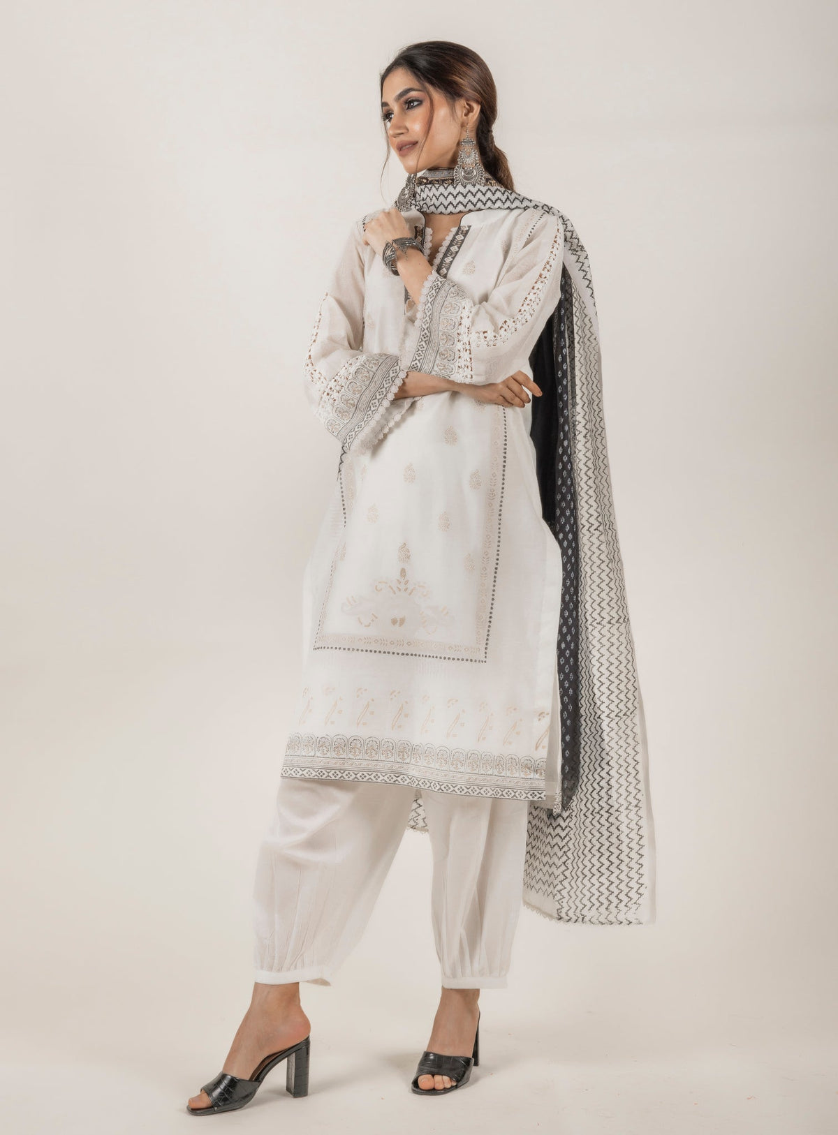 Sanditti Cream Block Printed Suit with Dupatta