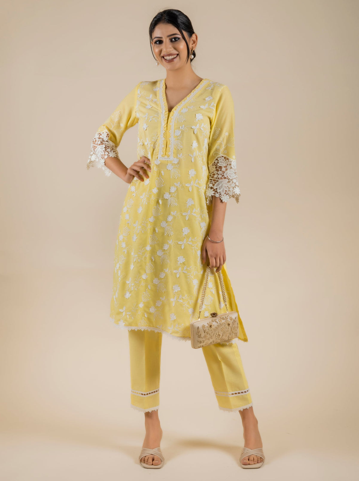Sanditti 3D Embroidered Yellow Suit Set