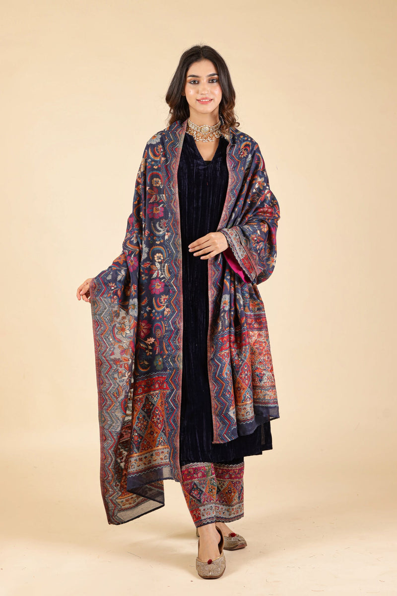 Sanditti Navy Blue Crush Suit with Woven Chanderi Dupatta
