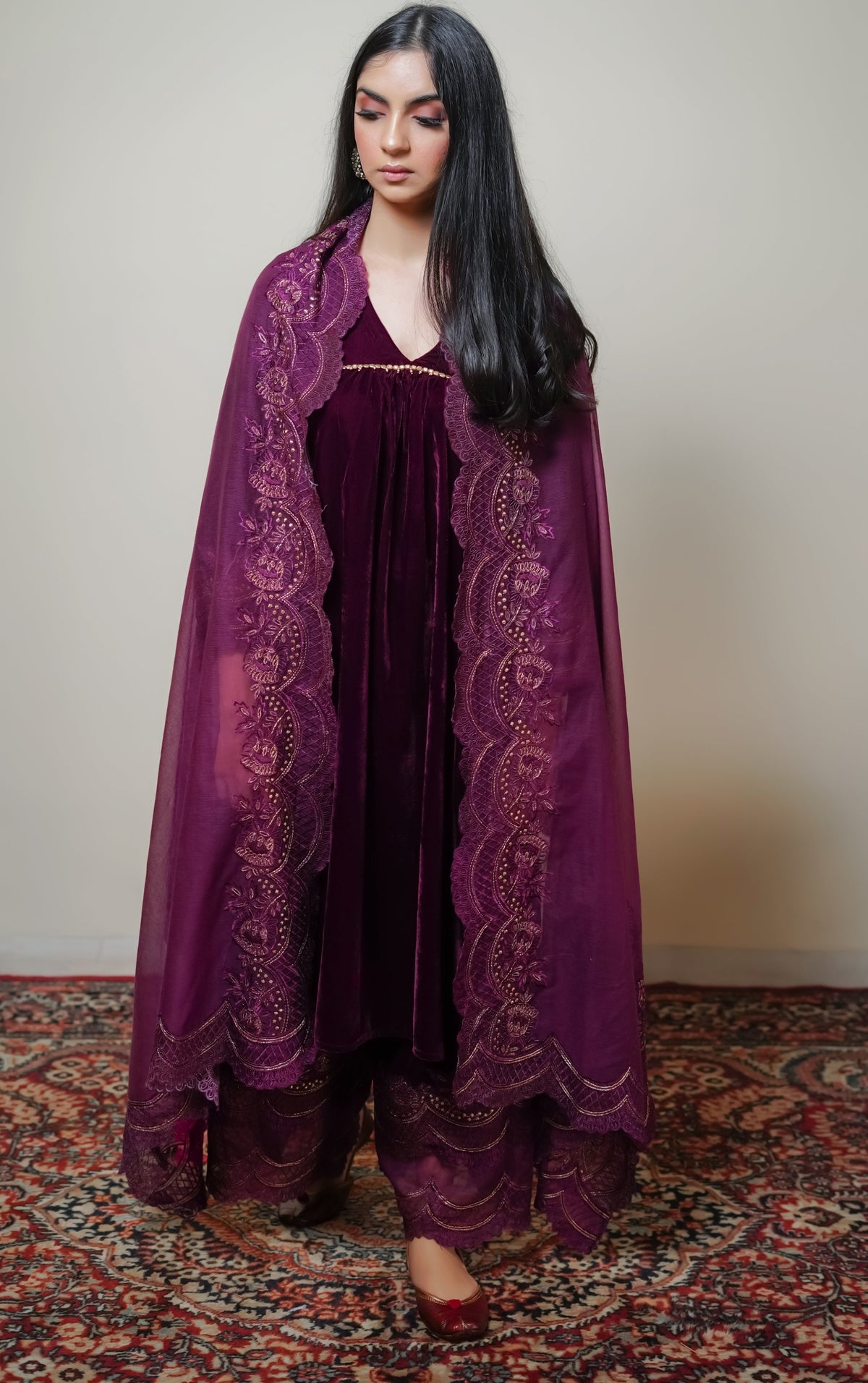 Sanditti Wine Velvet Suit with Dupatta