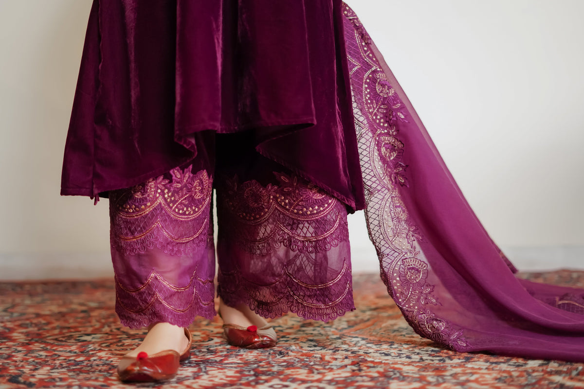 Sanditti Wine Velvet Suit with Dupatta