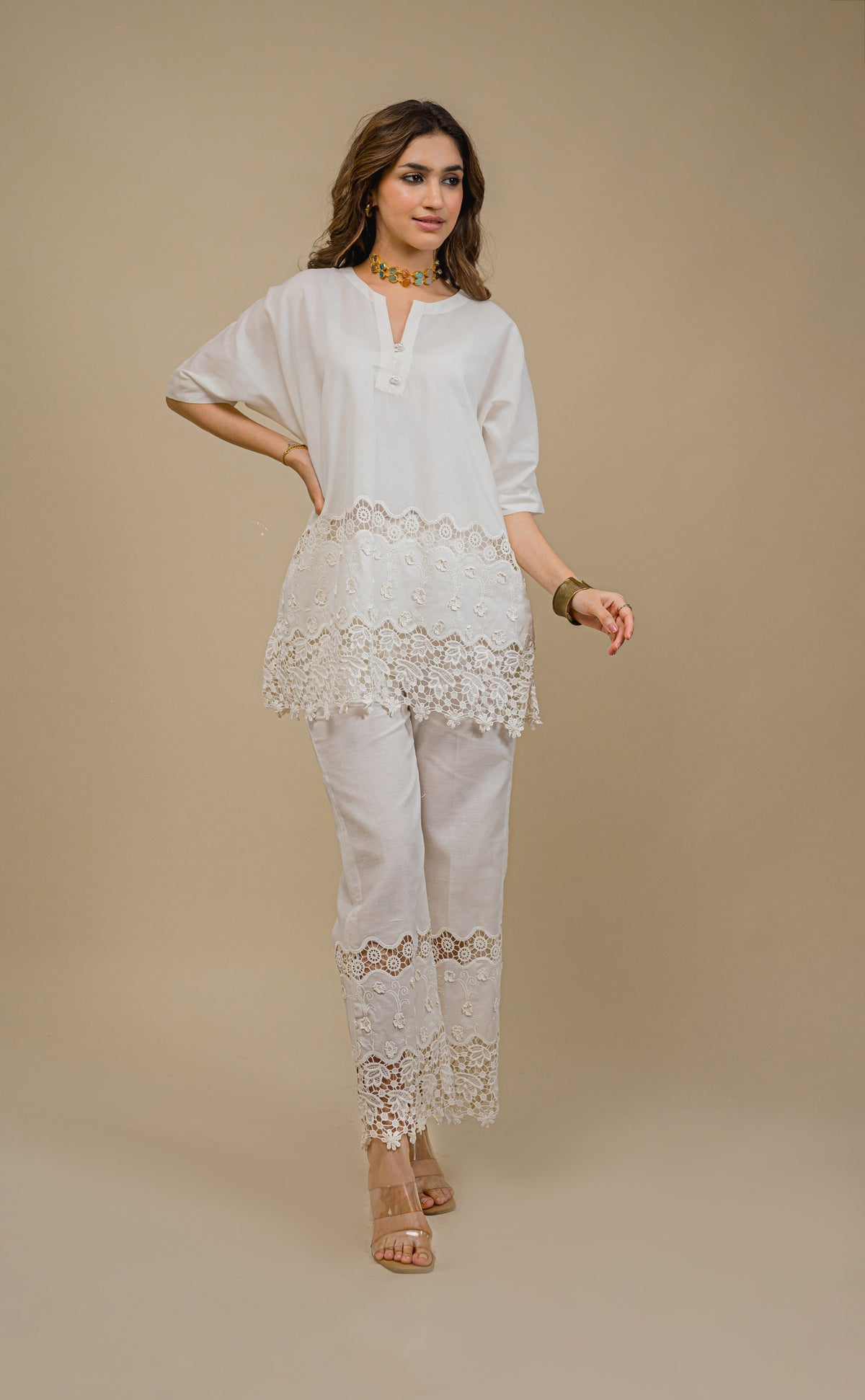 Sanditti Seher Cream 3D Cutwork Set