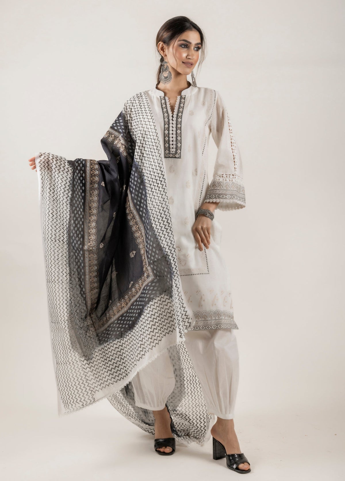 Sanditti Cream Block Printed Suit with Dupatta