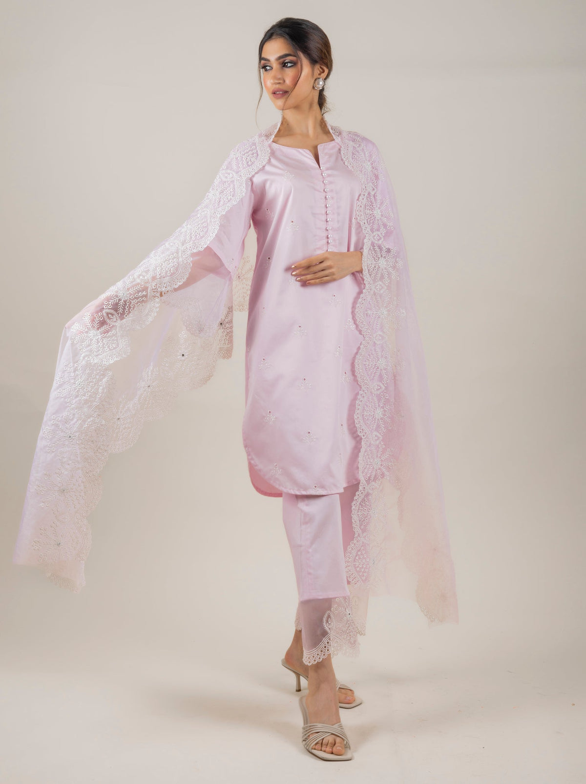Sanditti PINK EMBROIDERED SUIT SET WITH ORGANZA DUPATTA