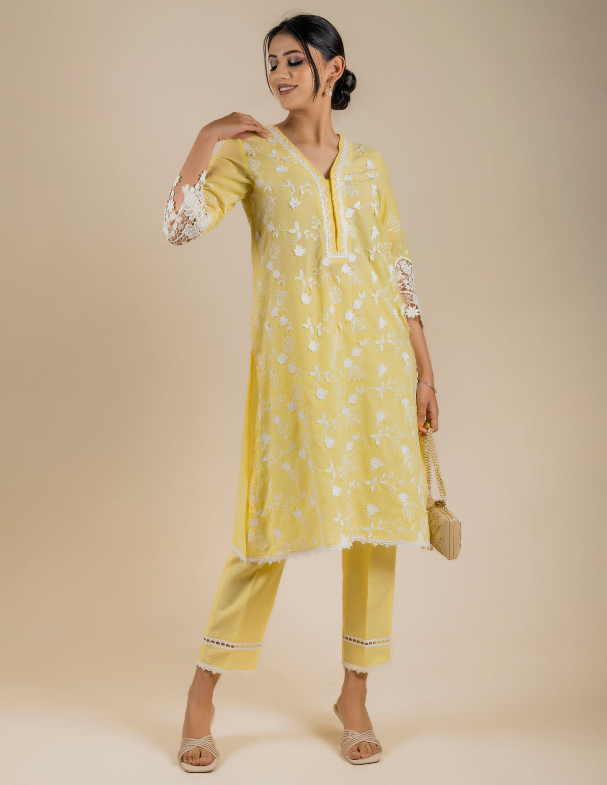 Sanditti 3D Embroidered Yellow Suit Set