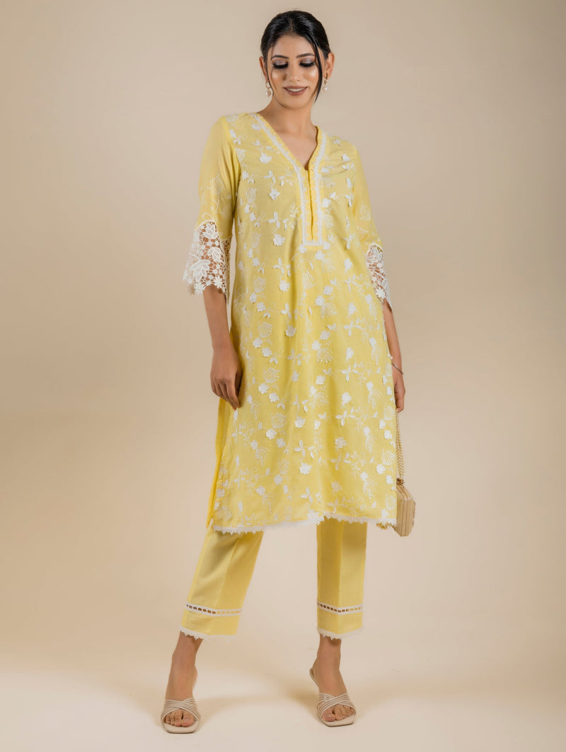 Sanditti 3D Embroidered Yellow Suit Set
