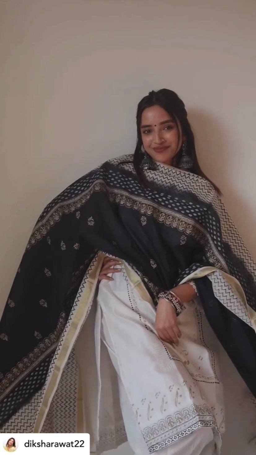 Sanditti Cream Block Printed Suit with Dupatta