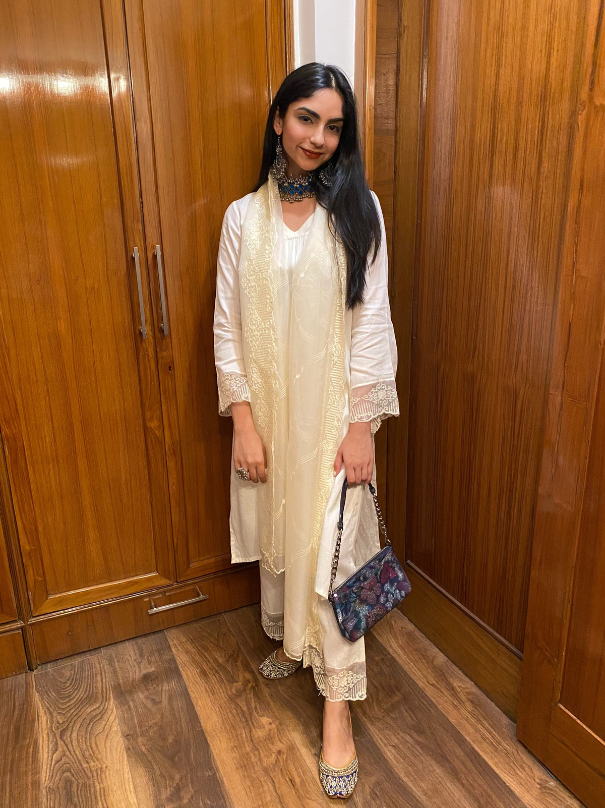 Sanditti Cream Embroidered Suit Set with Organza Dupatta