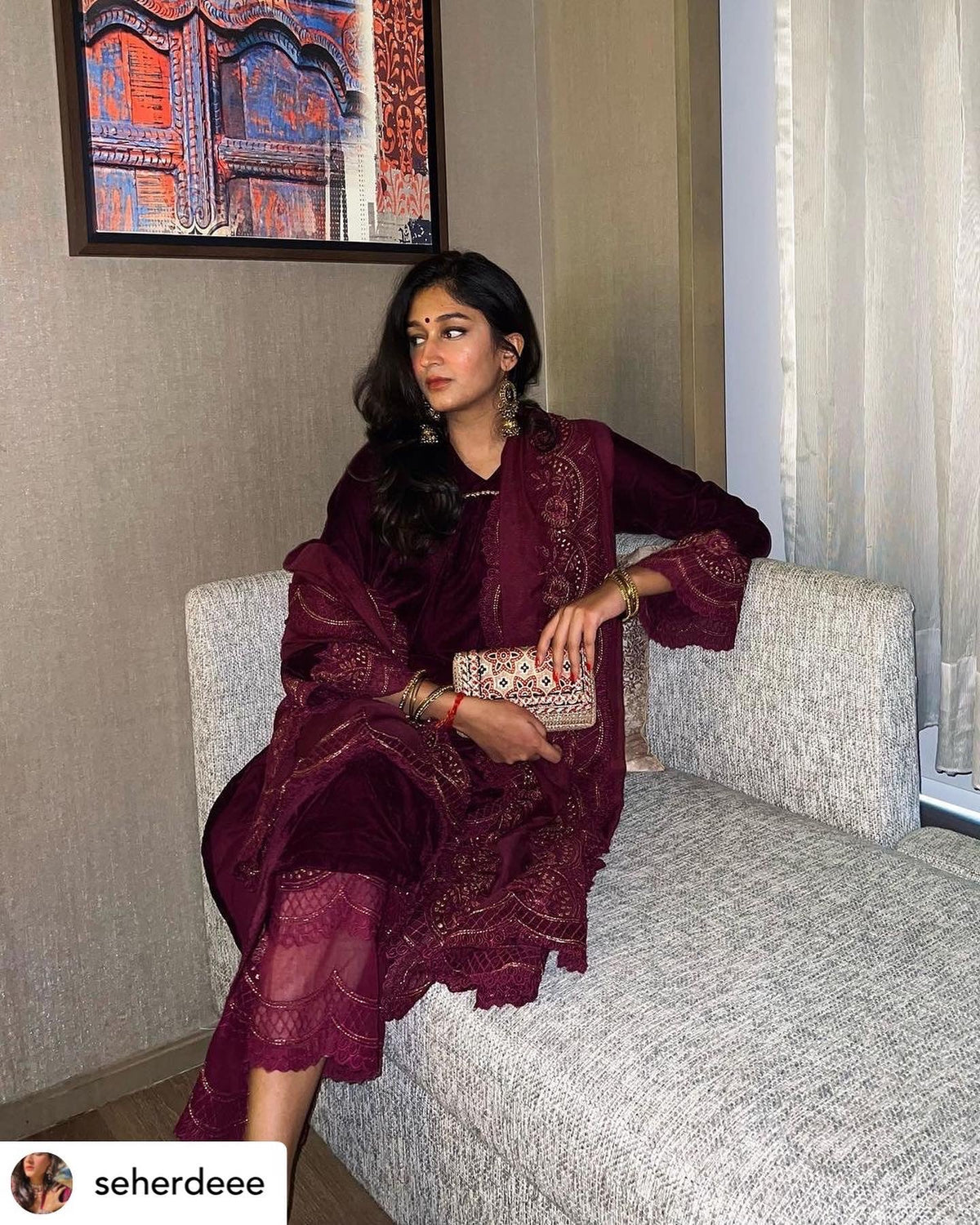 Sanditti Wine Velvet Suit with Dupatta