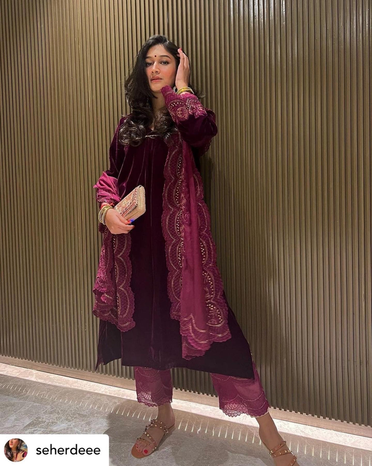 Sanditti Wine Velvet Suit with Dupatta