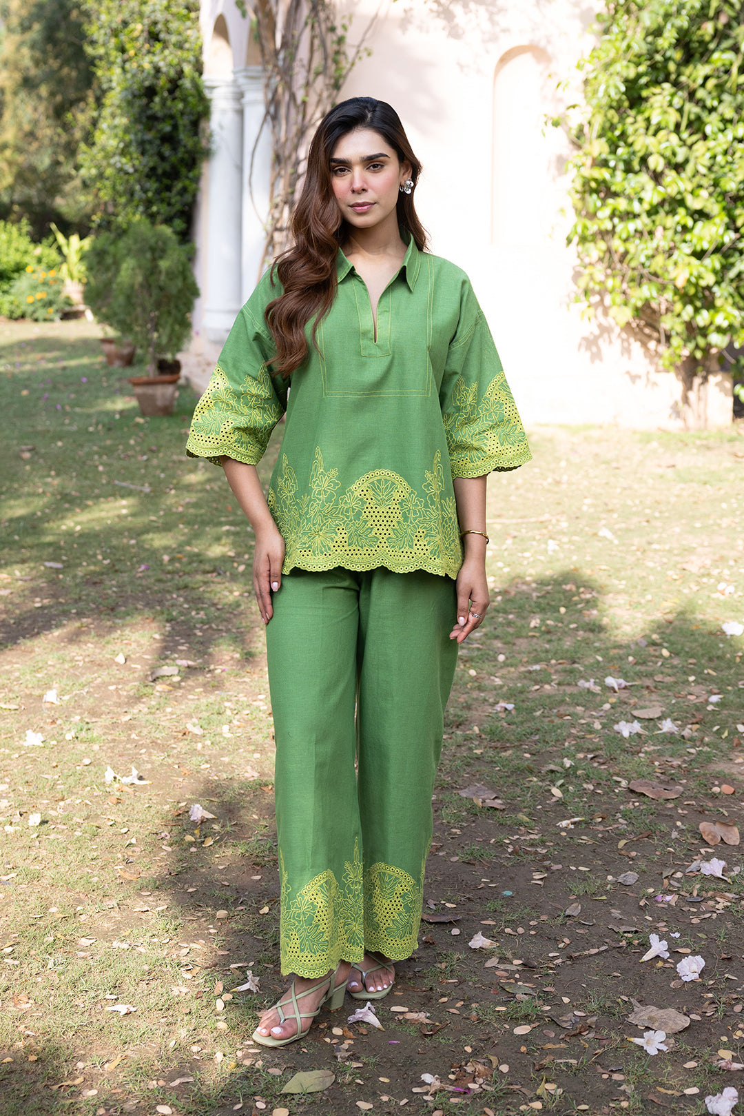 Sanditti Ziya Green Linen Cutwork Embroidered Set