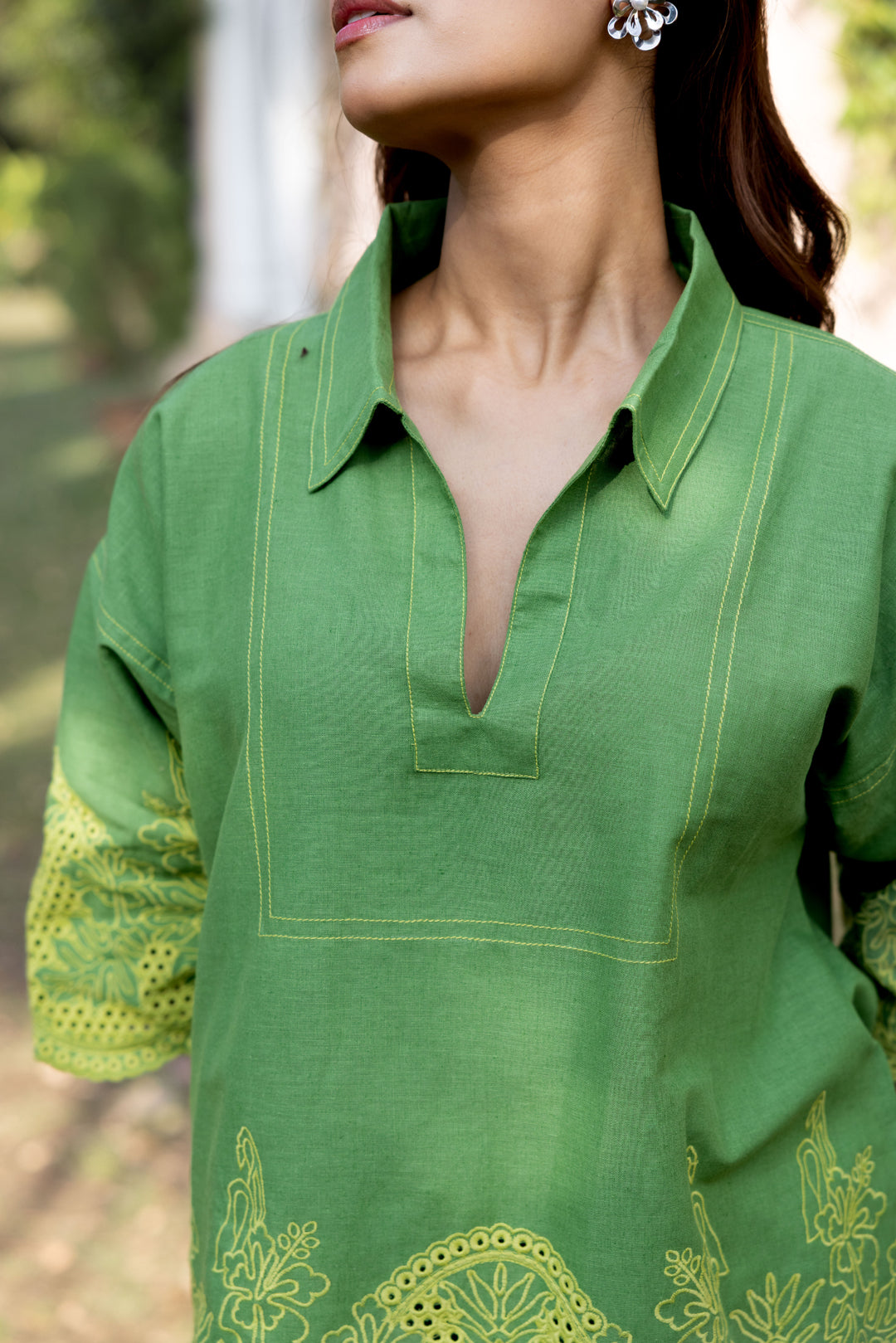 Sanditti Ziya Green Linen Cutwork Embroidered Set