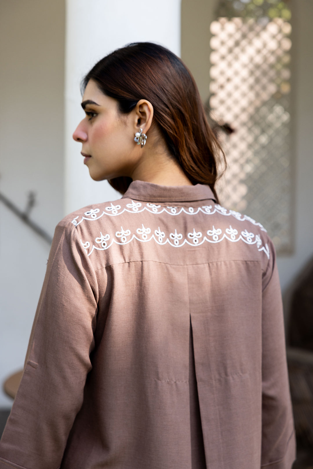 Sanditti Ziya Brown Linen Embroidered Set