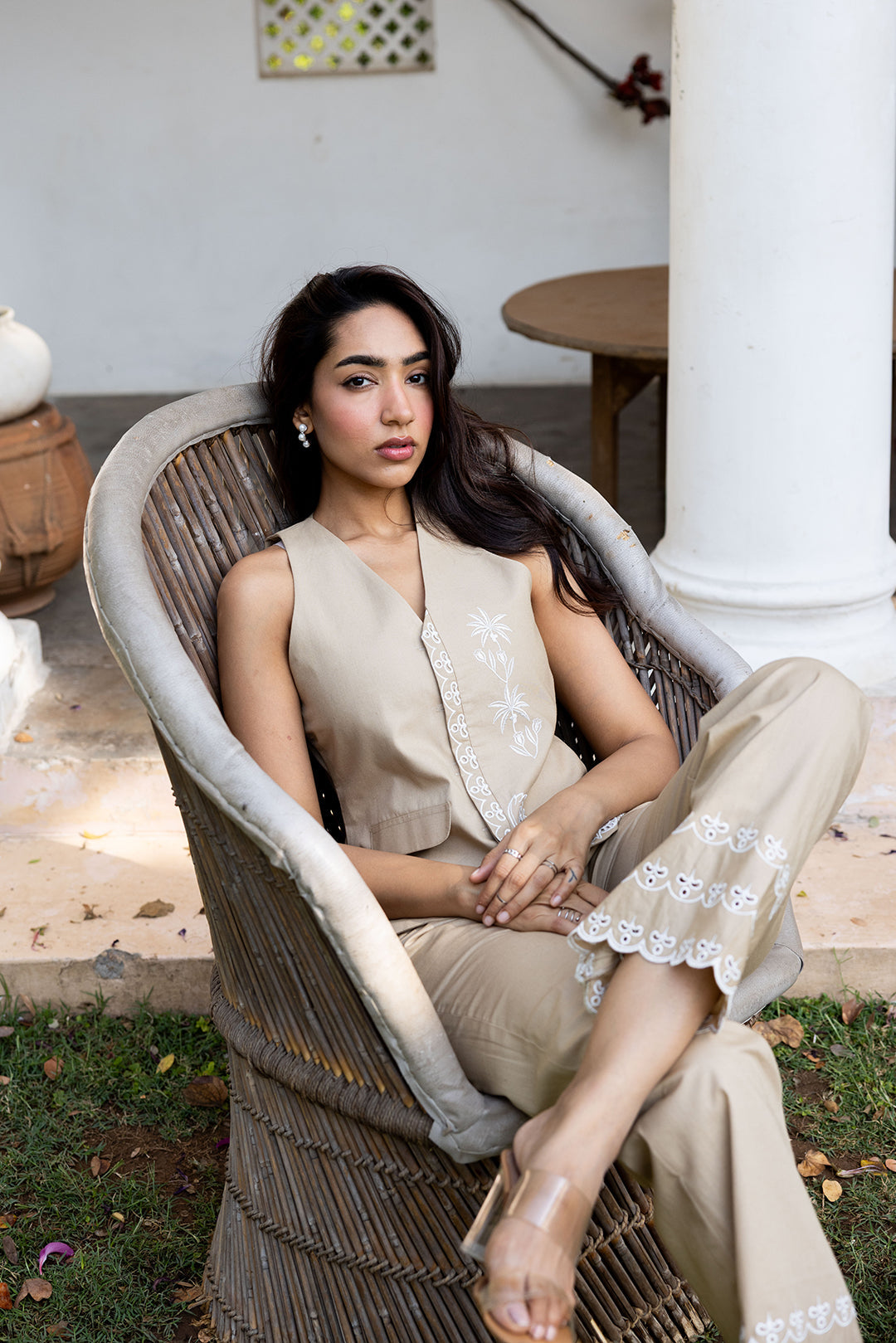 Sanditti Ziya Beige Linen Embroidered Set