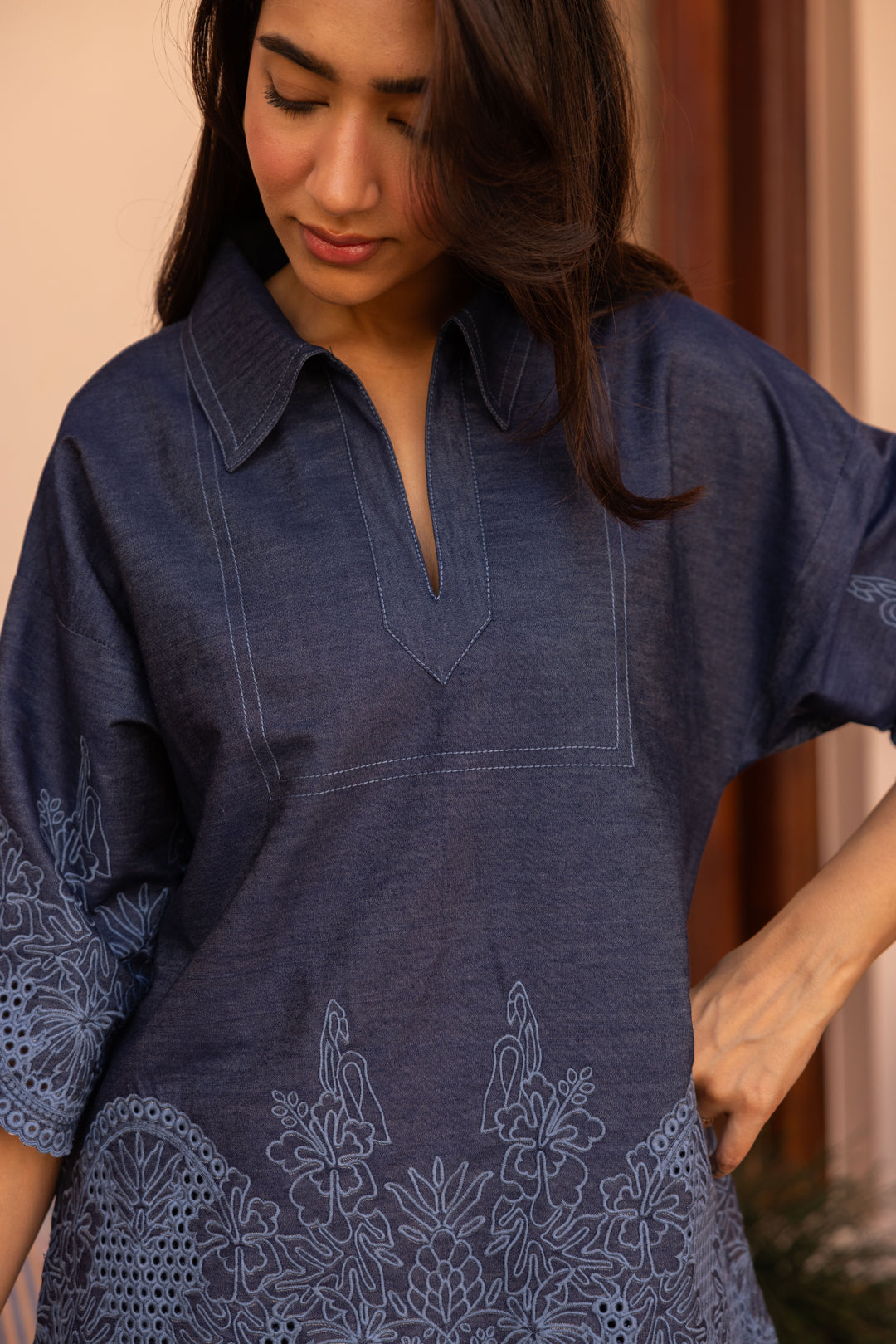 Sanditti Ziya Denim Cutwork Embroidered Set