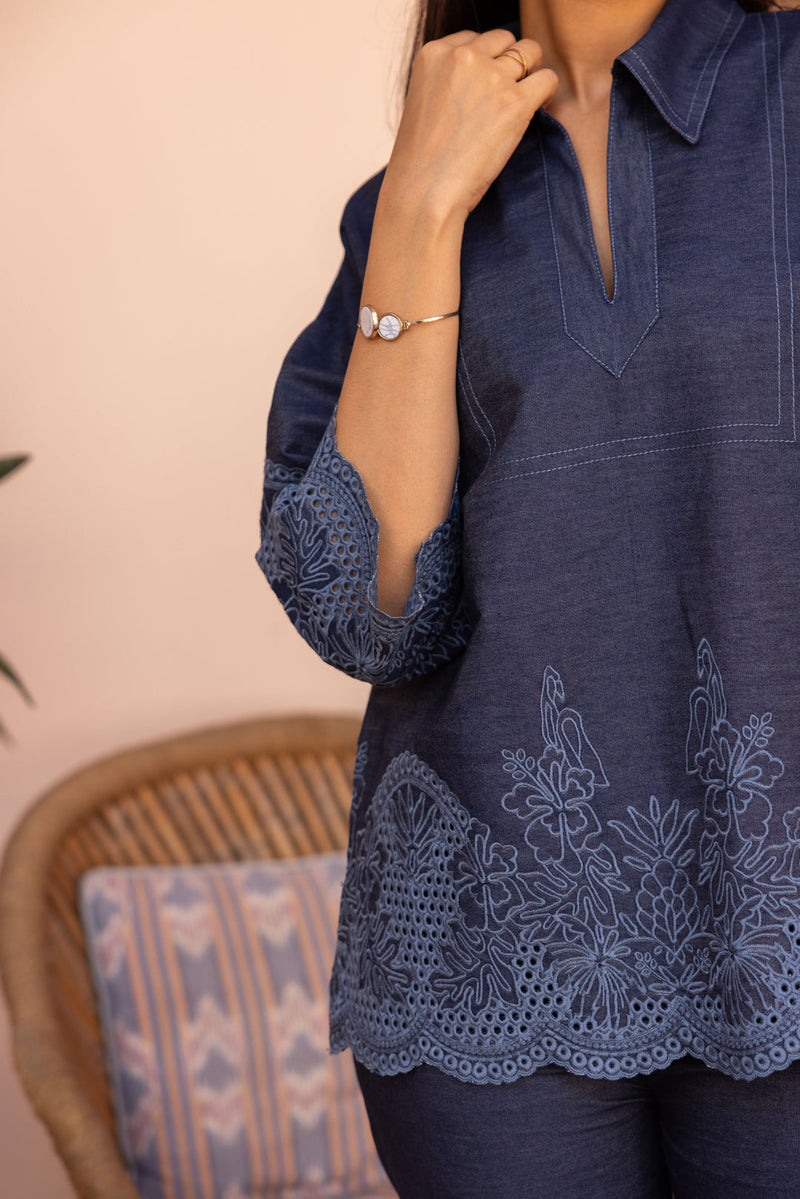 Sanditti Ziya Denim Cutwork Embroidered Set