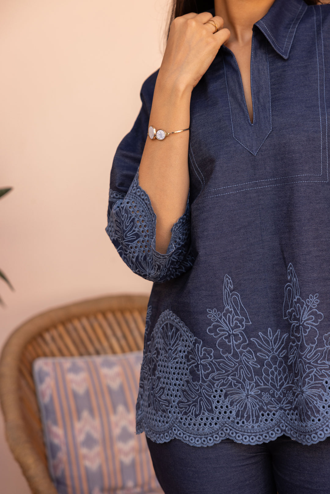 Sanditti Ziya Denim Cutwork Embroidered Set