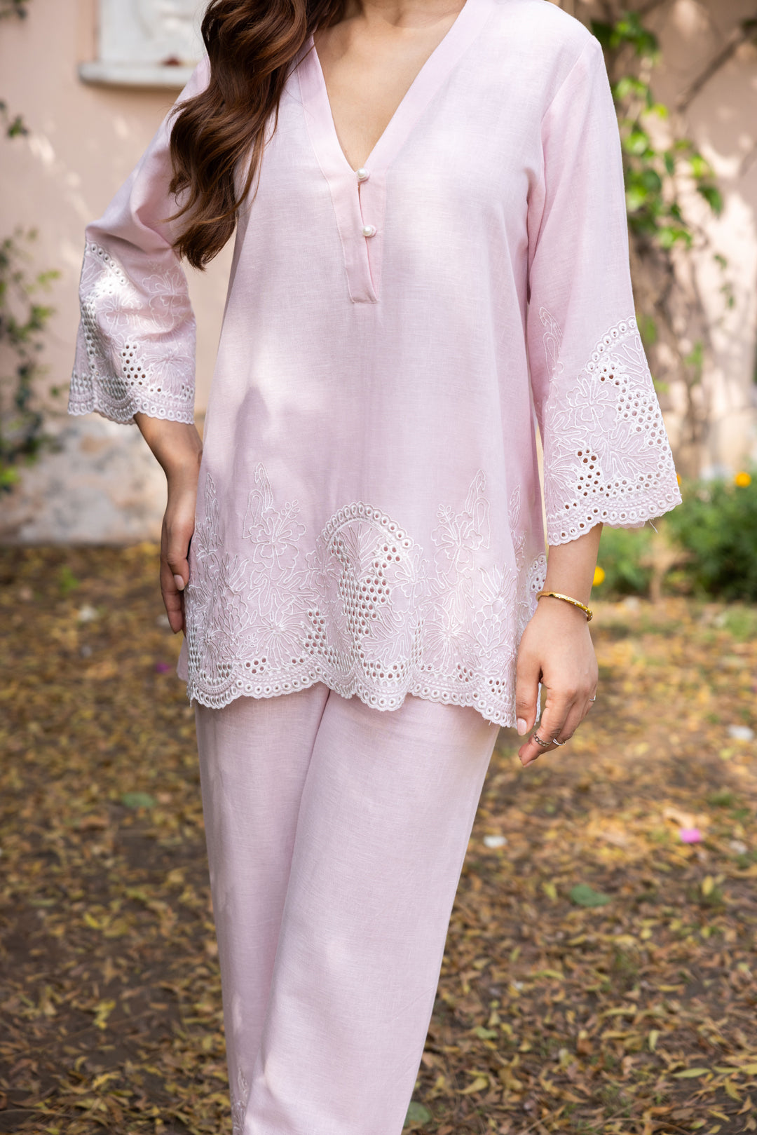 Sanditti Ziya Blush Pink Linen Cutwork Embroidered Set