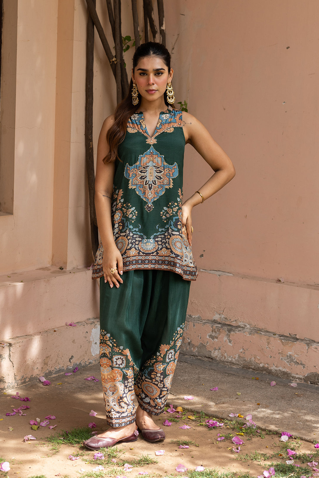 Sanditti Ziya Halter Emerald Print Hand-Embellished Set