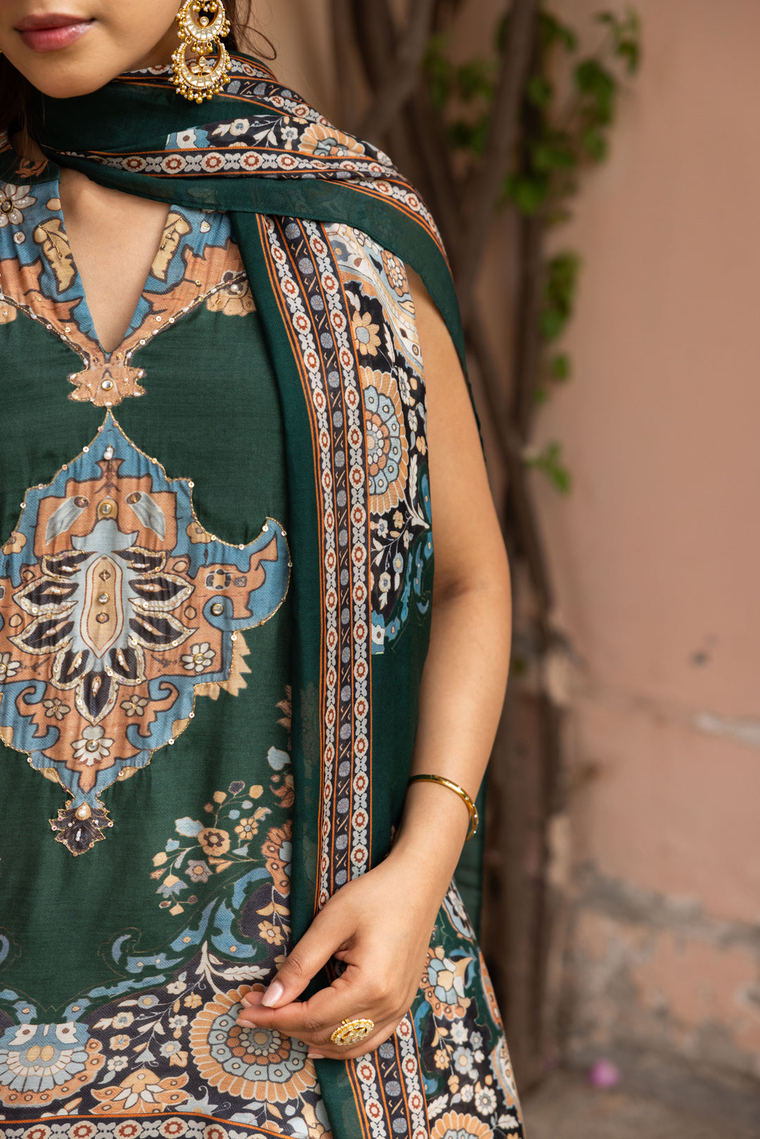 Sanditti Ziya Halter Emerald Print Hand-Embellished Set