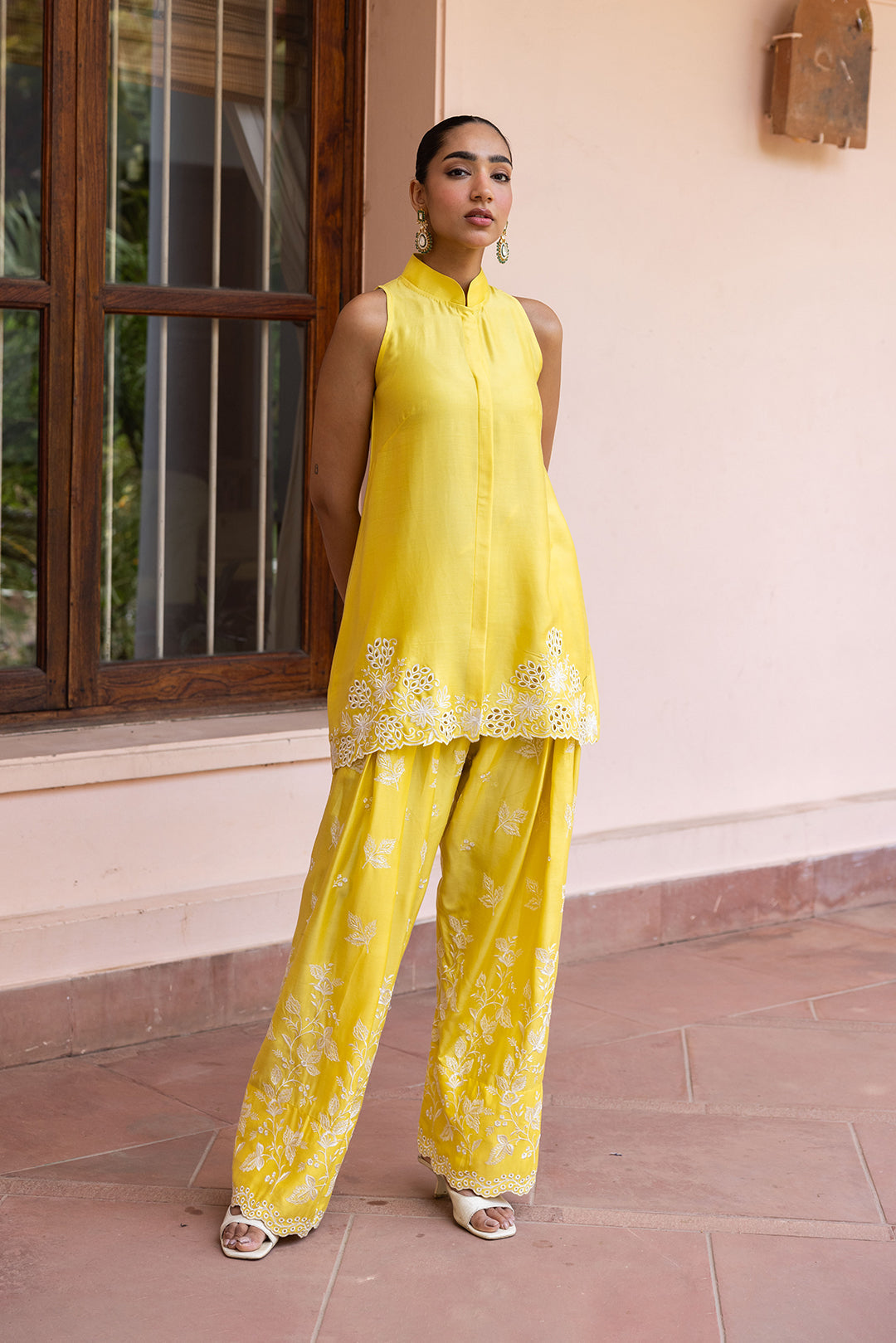 Sanditti Ziya Yellow Cutwork Embroidered Farshi Set