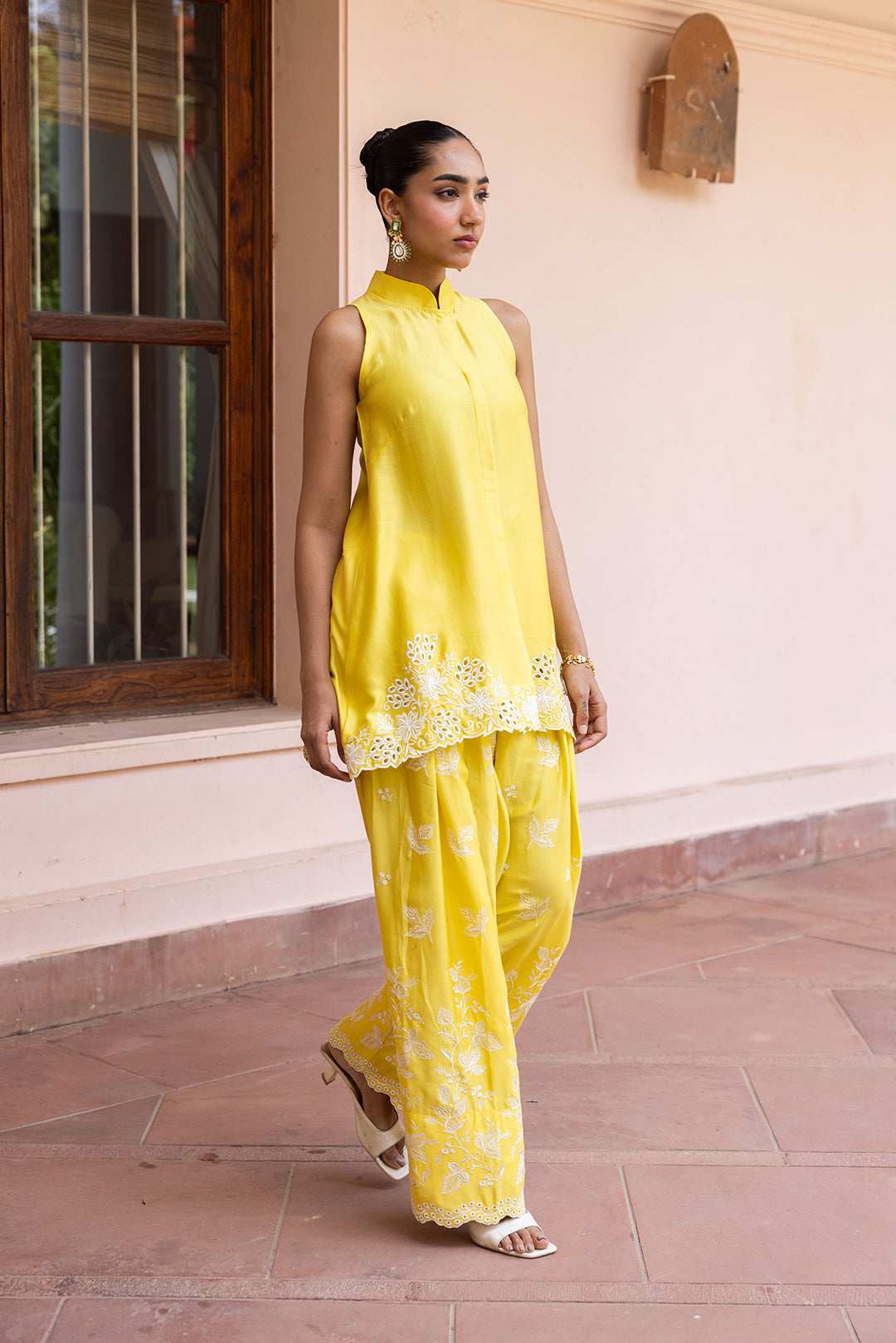 Sanditti Ziya Yellow Cutwork Embroidered Farshi Set
