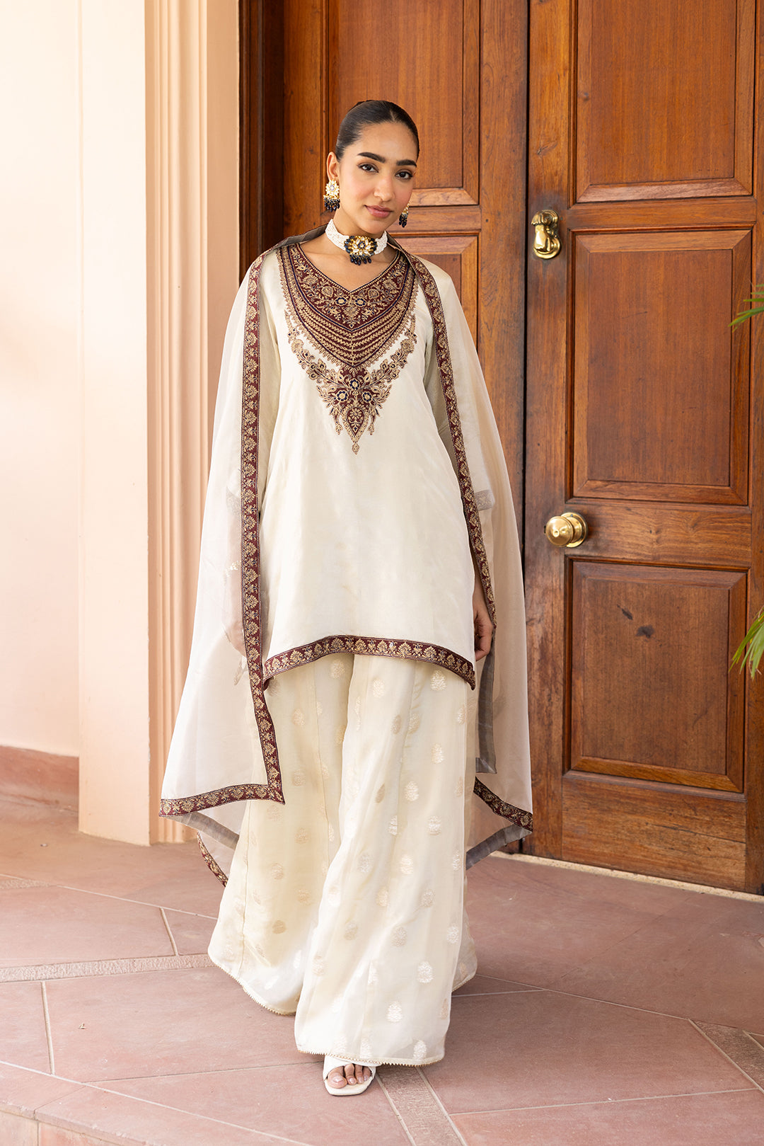 Sanditti Ziya Ivory Tissue Embroidered Sharara Set