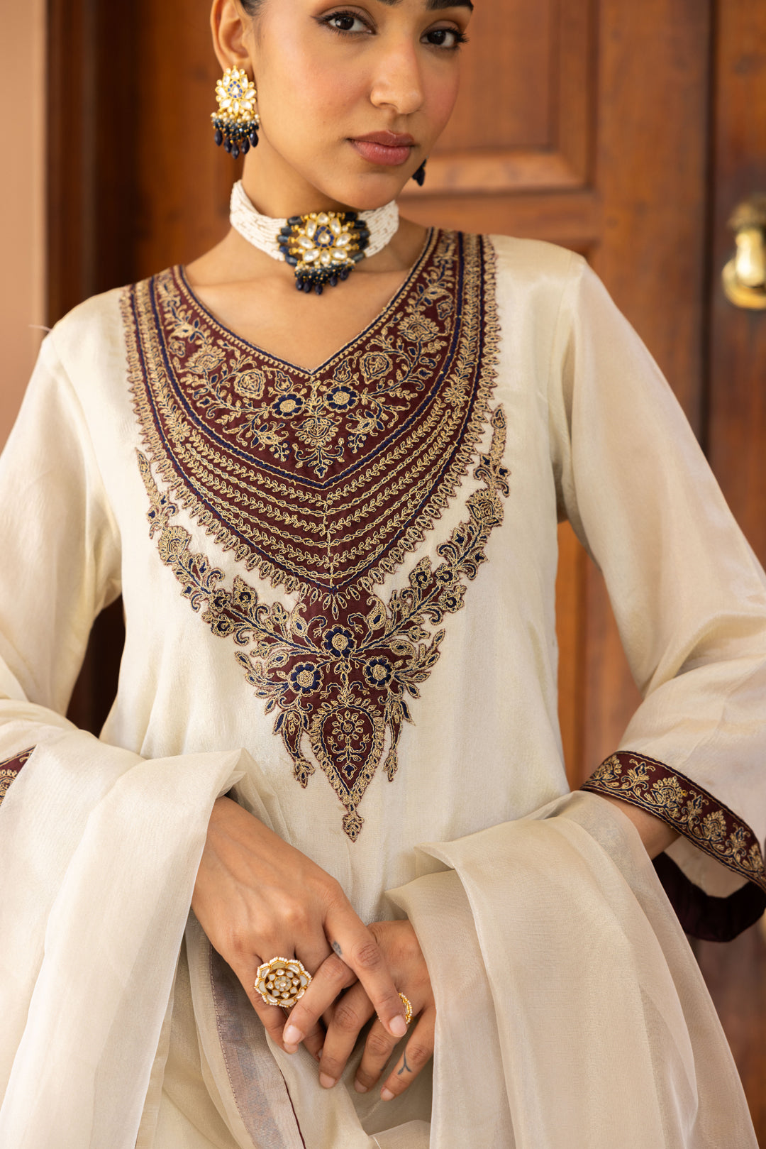 Sanditti Ziya Ivory Tissue Embroidered Sharara Set